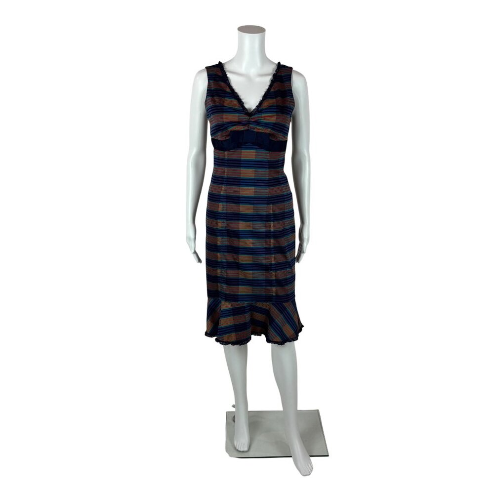 Betsey Johnson Striped Dress Women's XS Green Blue Bow Waist Wiggle Y2K